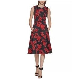 Calvin Klein Womens 4P Romantic Fit & Flare Scuba Dress Red Rose Floral